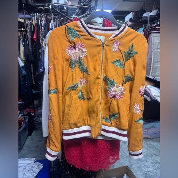 Anthropologie Jackets & Blazers - Elevenses by Anthropologie Mustard Floral Bomber Jacket